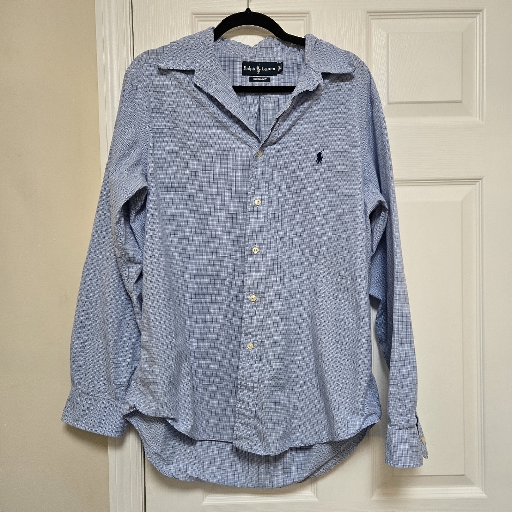Ralph Lauren Mens Custom Fit Blue Plaid Button Up Collared Shirt 16.5 Neck 34/35